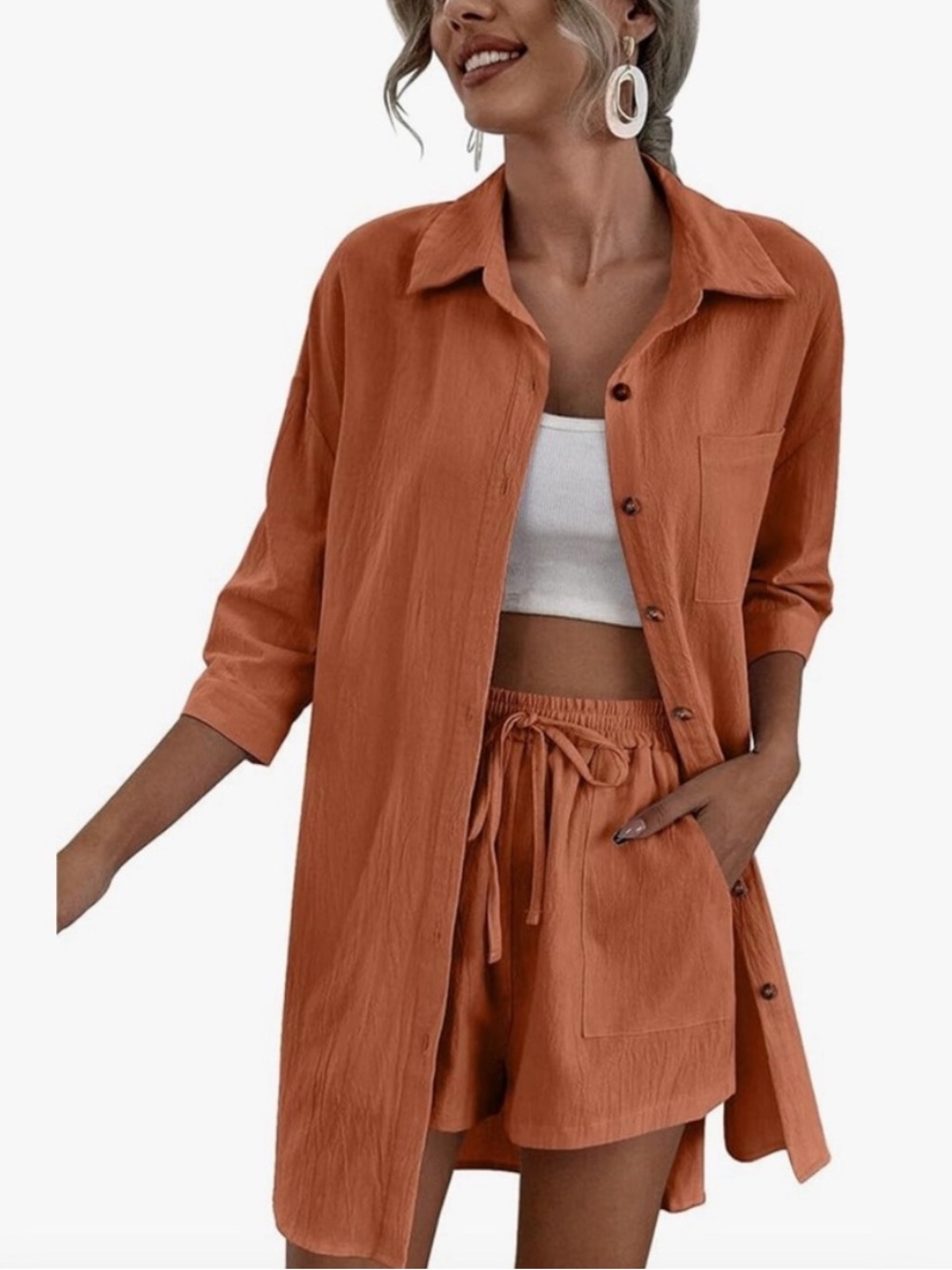 Terracotta Beyove 2 Piece Set Medium Boho Vacation Linen Look Button Down NWT